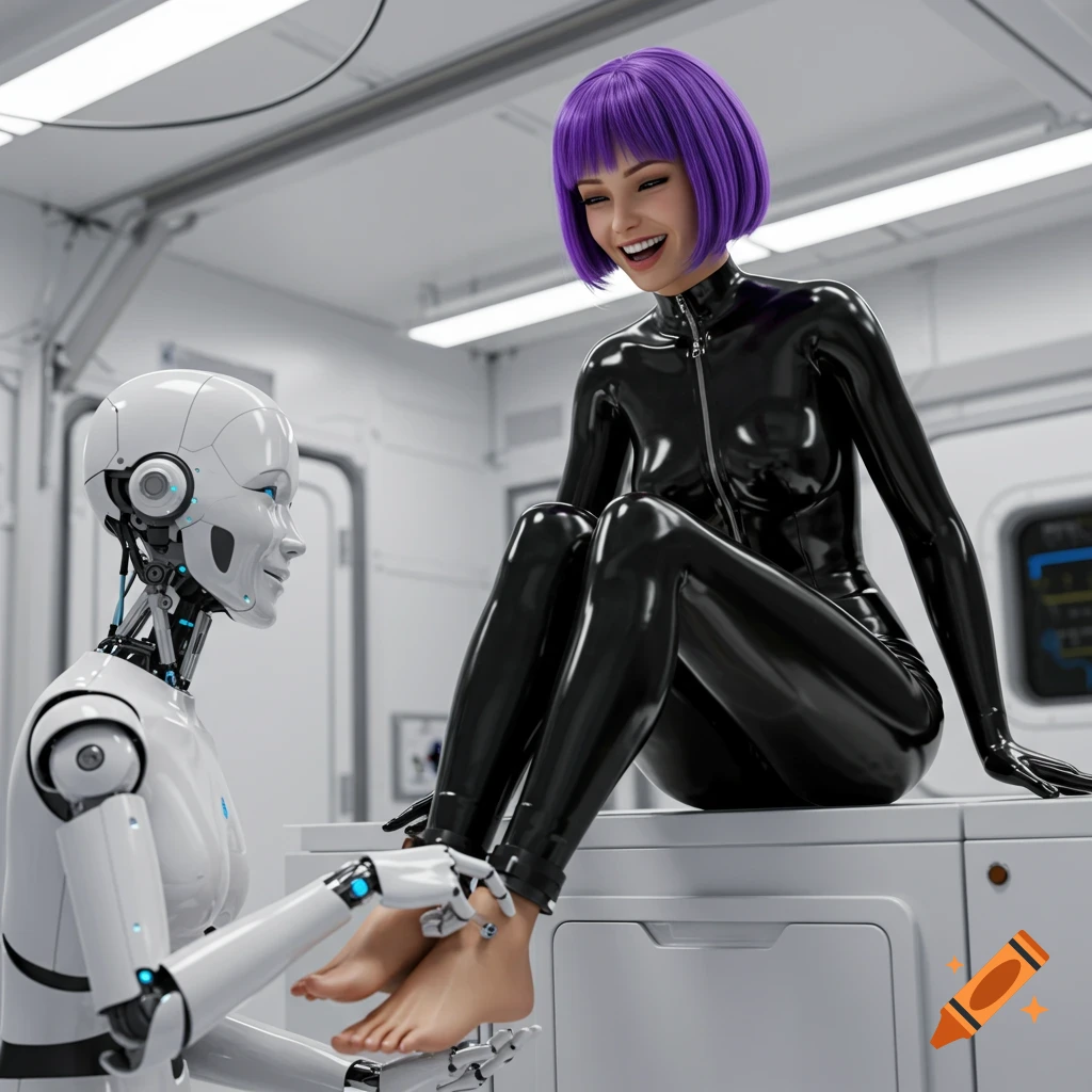 Photorealistic image of a woman in a black latex suit laughing as a robot tests her bare feet in a bright space lab.