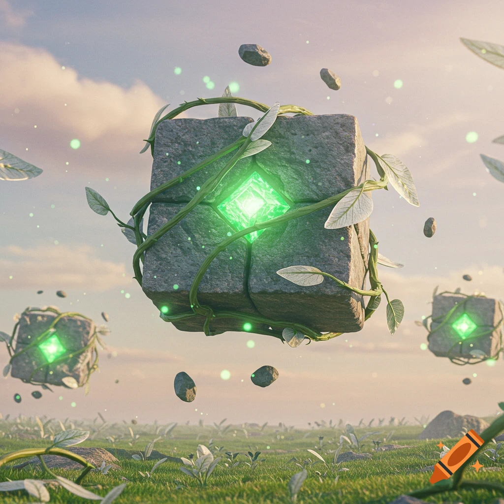 Photorealistic magical scene with vine-covered floating stones, green glowing gems, over a grassy field.