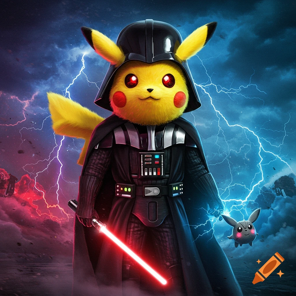 Photorealistic Pikachu dressed as Darth Vader, holding a red lightsaber with a floating Pichu, against a stormy sky with lightning.