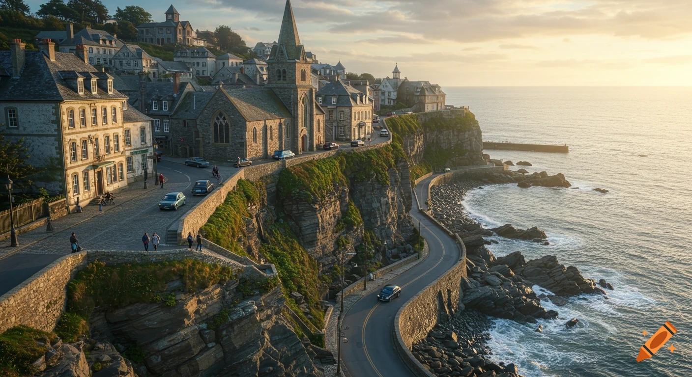Photorealistic aerial view of a colonial seaside town on a cliff overlooking the ocean with a winding coastal road.