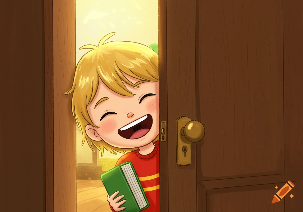 A happy blonde cartoon boy peeks from behind a brown door, laughing and holding a green book.