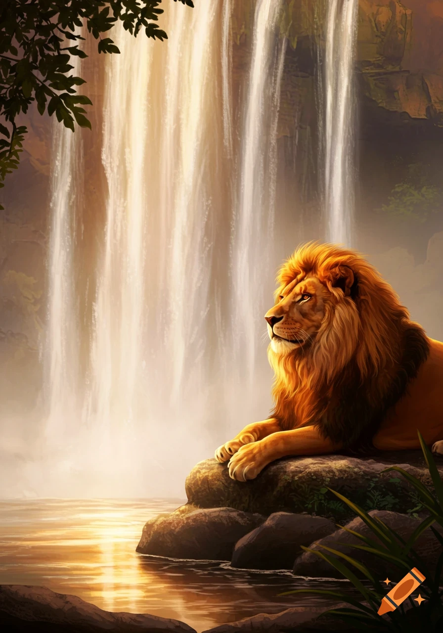A majestic lion with a golden mane rests on rocks beside a shimmering waterfall, bathed in warm sunlight.