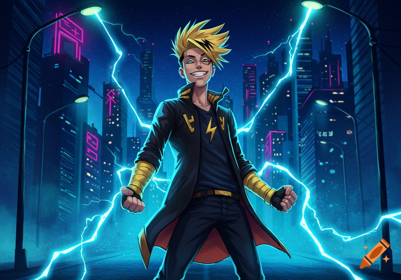 A stylized anime boy with spiky blonde hair and a black and yellow outfit stands in a neon-lit city at night, surrounded by blue lightning.