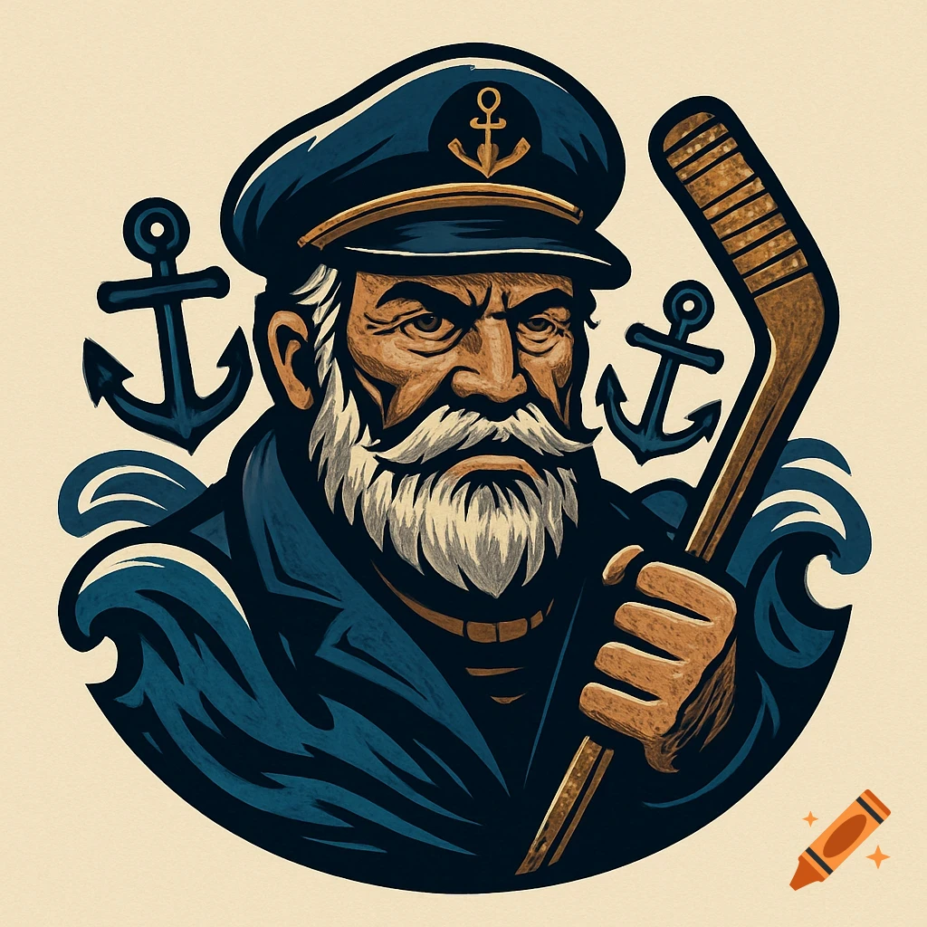 Stylized illustration of an old sailor with a white beard, captain's hat, holding a hockey stick, with anchors and waves.