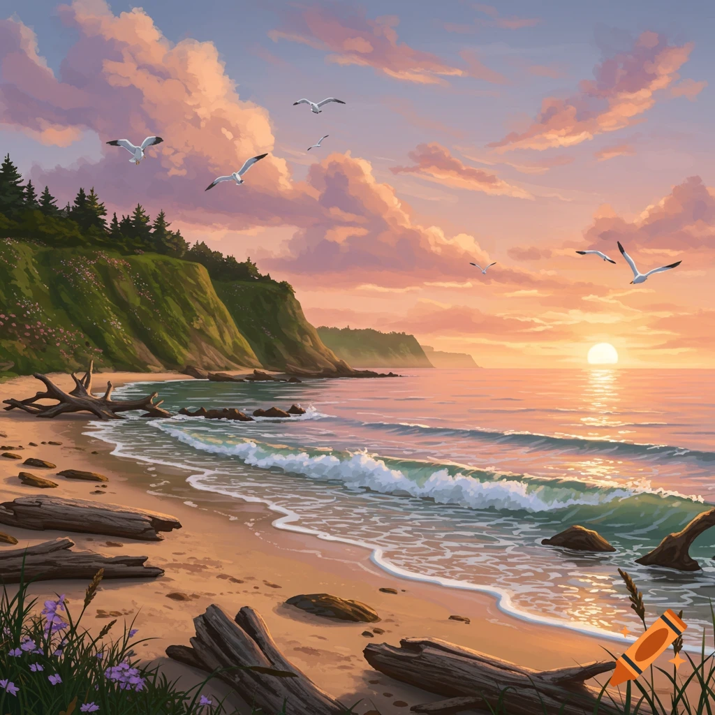 Vibrant stylized illustration of a beach sunset with waves, driftwood, green cliffs, and seagulls flying in a colorful sky.