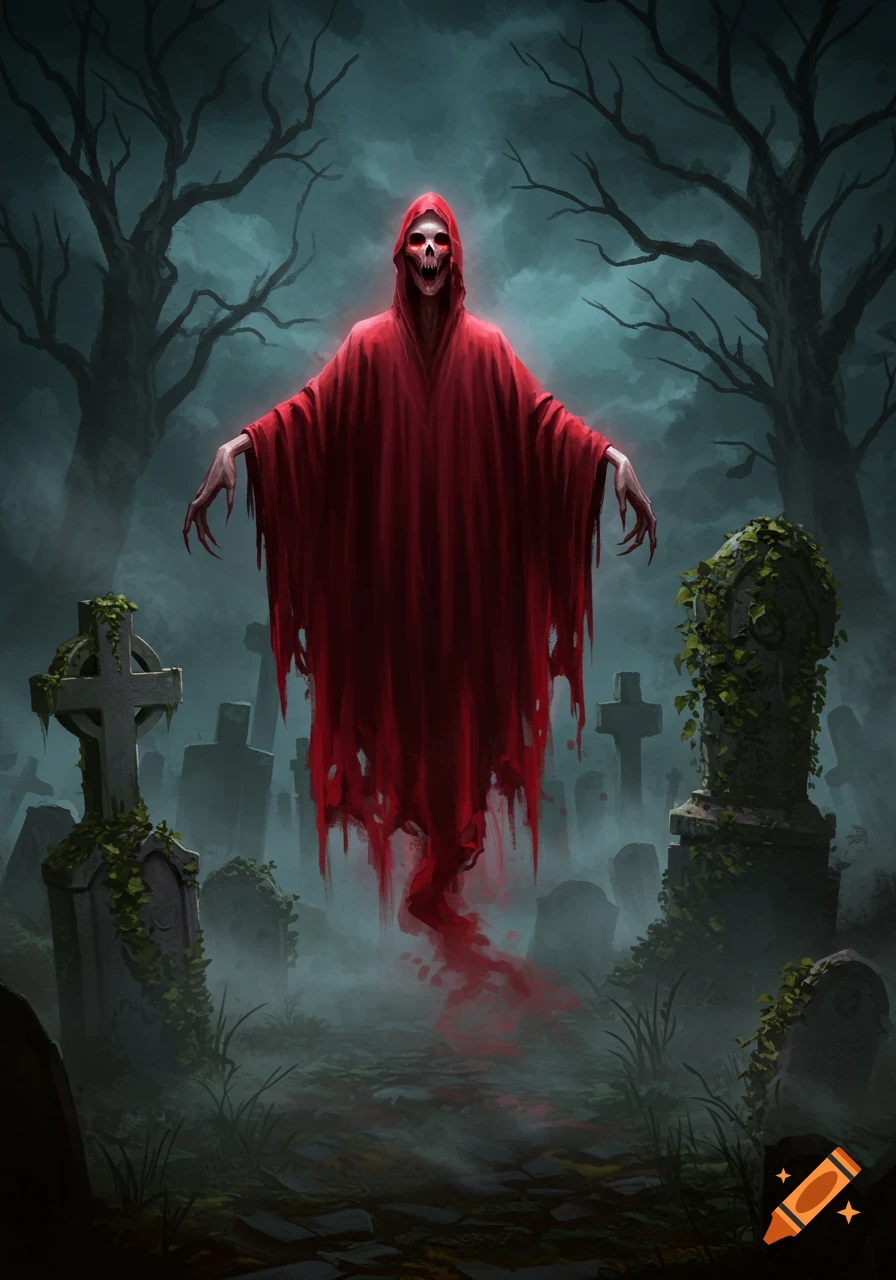 A ghostly figure in a tattered red cloak with a skull face and glowing eyes hovers in a misty, dark graveyard.
