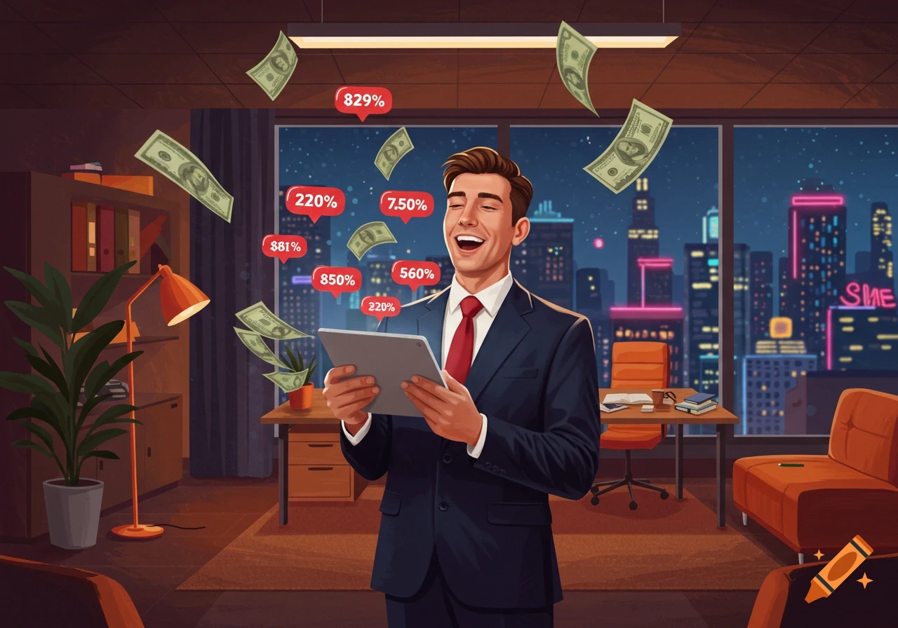 A happy businessman in a suit holding a tablet, with money and sales percentages floating around him in an office overlooking a city at night. Illustrated.