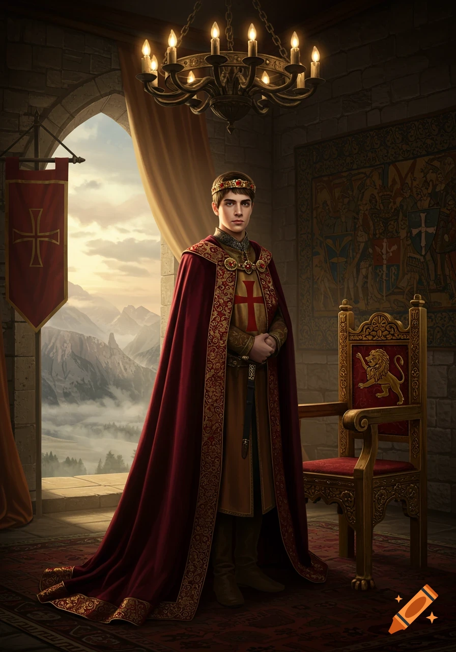 A young prince in a red cloak and golden crown stands in a castle room overlooking mountains, next to a royal chair.