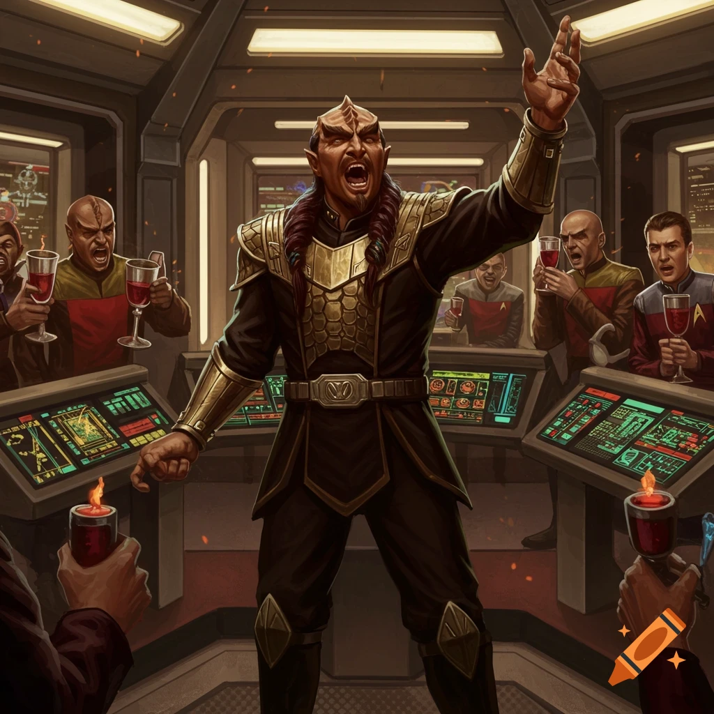 Gowron, a Klingon, in ornate armor, shouts and raises his hand on a spaceship bridge, surrounded by celebrating crew members holding red drinks.