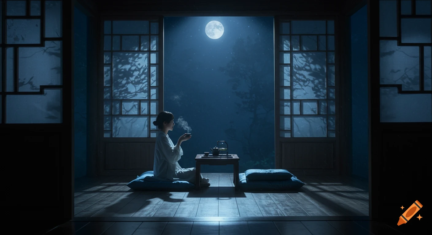 A woman sips tea on floor cushions in a traditional moonlit pavilion, looking out at a full moon and starry night.