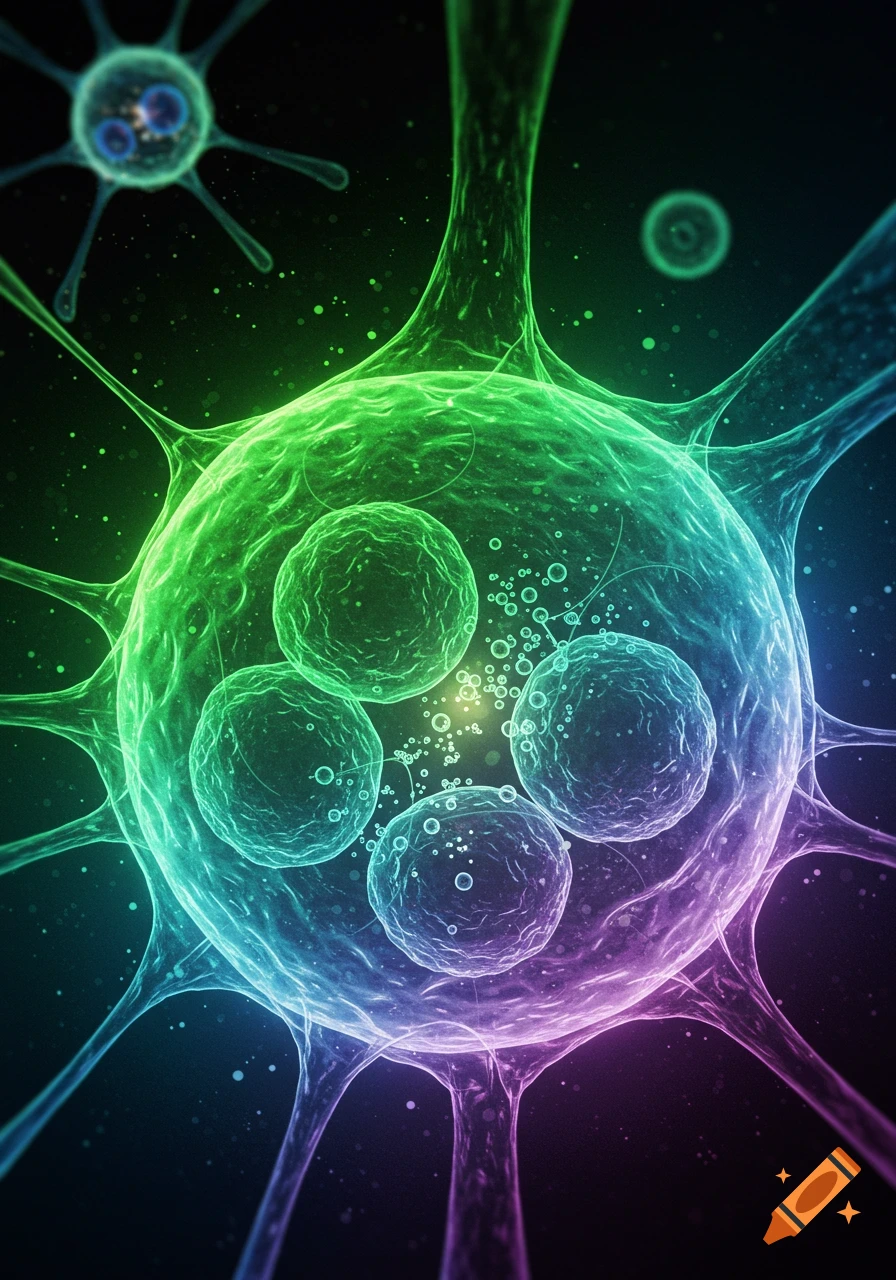 A vibrant, microscopic view of a glowing cell structure with multiple nuclei and tendrils, in green, blue, and purple.