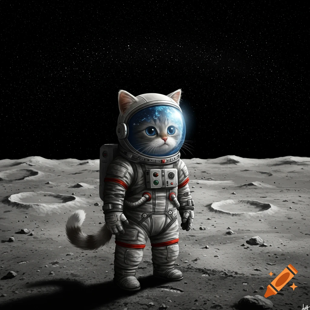 A cute gray tabby cat in a white astronaut suit stands on the cratered surface of the moon under a starry black sky.
