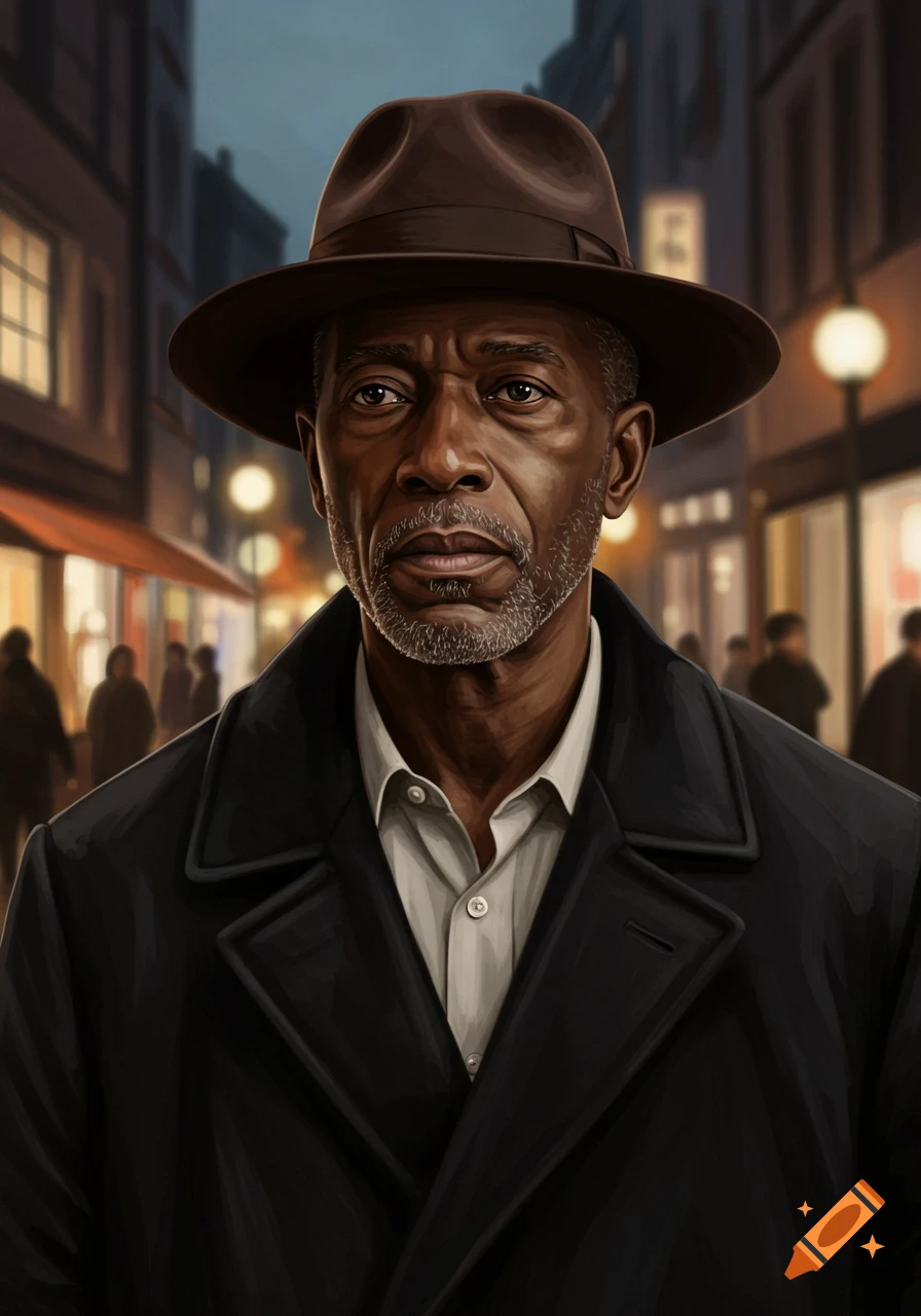 A digital painting of an older Black man in a brown fedora and black coat on a blurred city street at night.