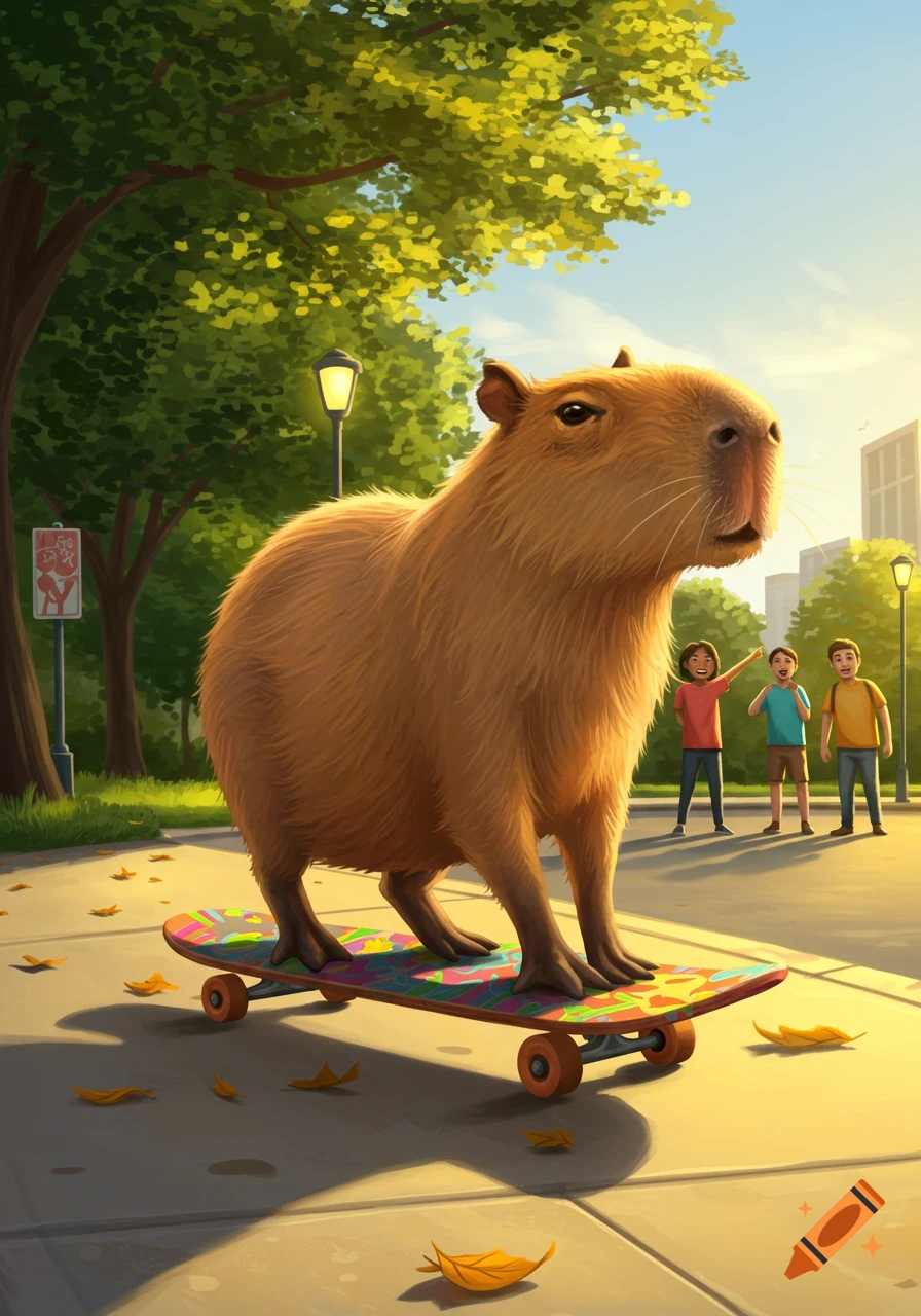 A large capybara balancing on a colorful skateboard on a sunny paved path, with three children pointing in the background. Illustrated style.