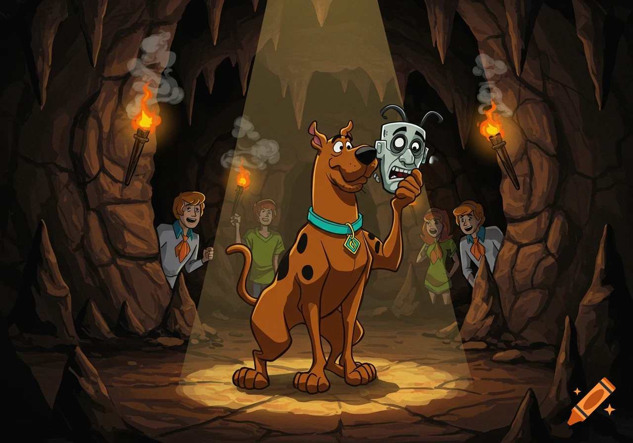 Scooby Doo unmasks a monster in a dark, torchlit cave, surrounded by the Mystery Inc. gang under a spotlight.