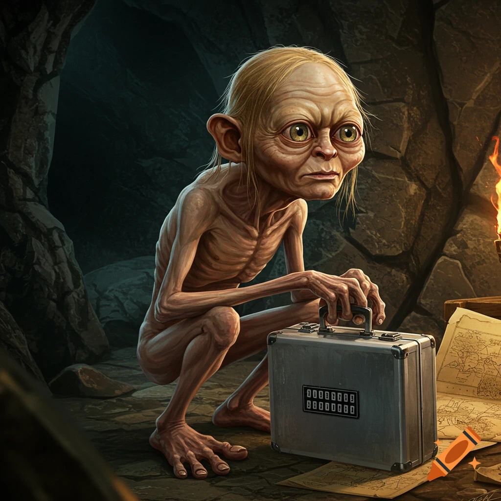 Gollum squats in a dark cave, holding a silver briefcase with a keypad in a detailed fantasy illustration.