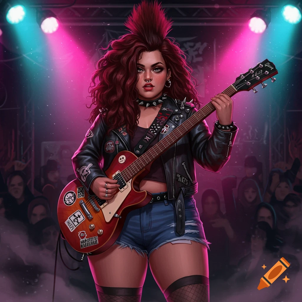 A vibrant illustration of a punk rock woman with red curly mohawk hair, a nose ring, leather jacket, and shorts, playing an electric guitar on a stage with pink and blue lights. A crowd is blurred in the background.