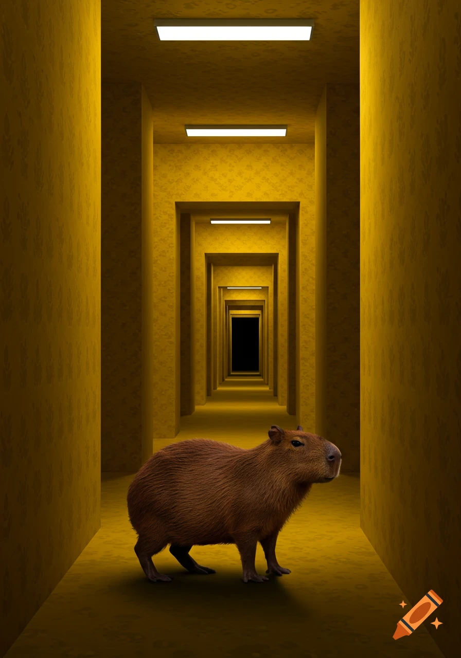 A capybara stands in a dimly lit, infinite yellow hallway resembling the Backrooms.