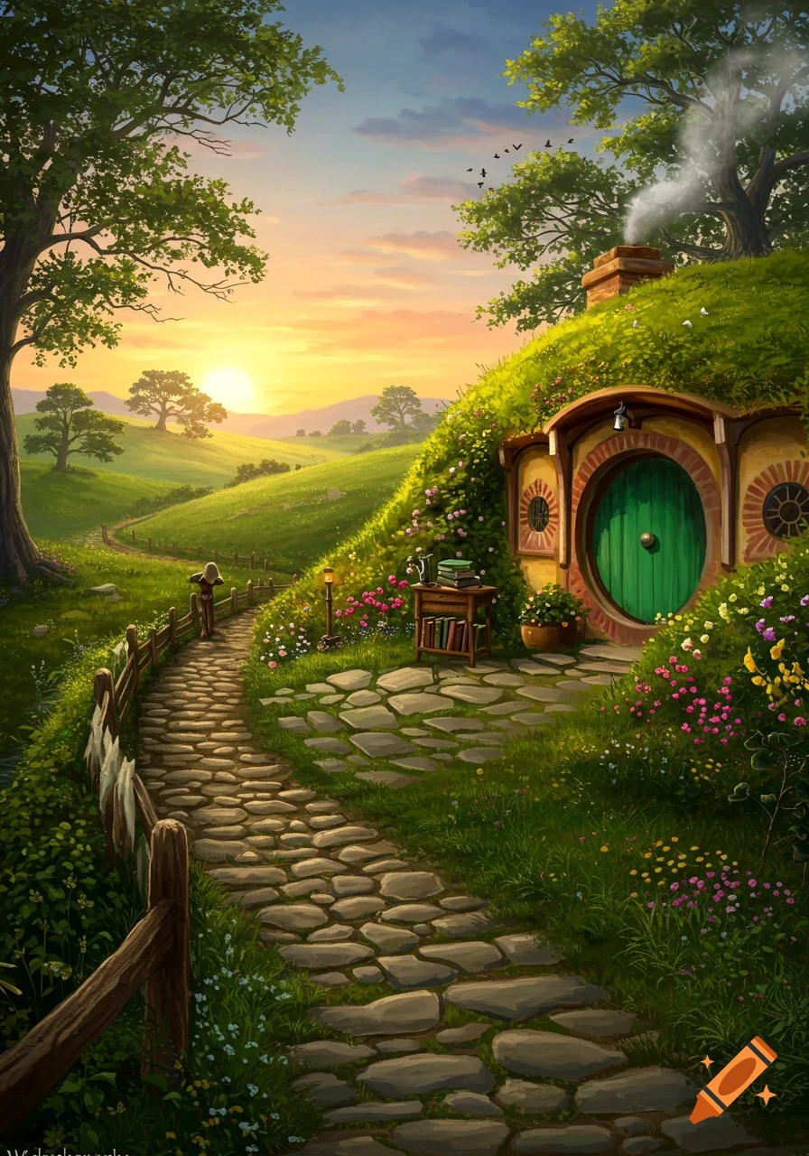A vibrant fantasy landscape at sunset, featuring a hobbit-hole built into a green hill beside a winding stone path.