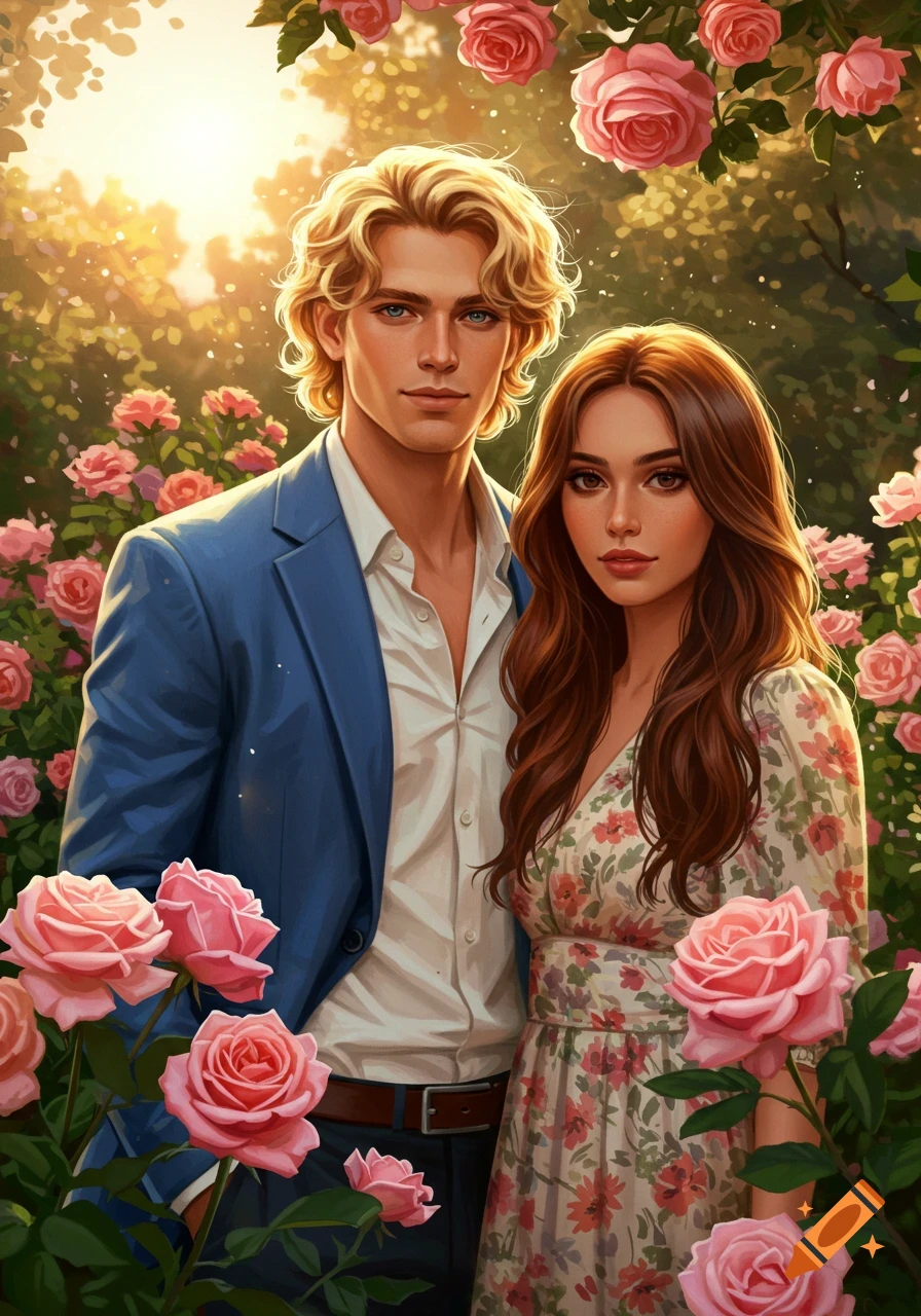 A blonde man in a blue suit and a brunette woman in a floral dress stand among pink roses in a sunlit garden, digital art.