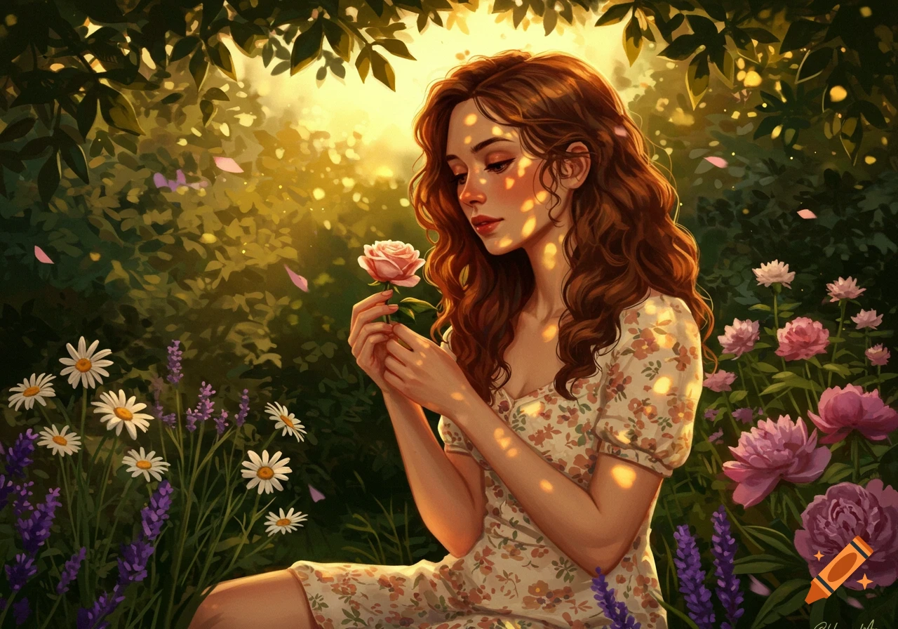 Illustrative portrait of a woman with long wavy hair holding a pink rose in a sunlit garden with daisies and peonies.