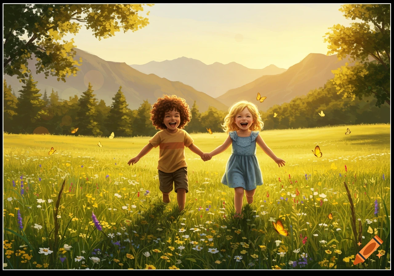 A happy boy and girl holding hands, running through a sunny field of wildflowers with butterflies and mountains in the background.