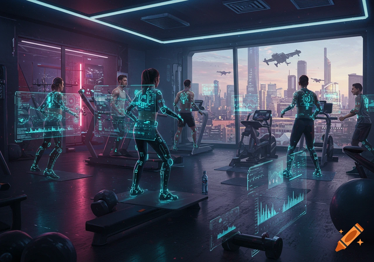 A futuristic gym scene with people exercising, surrounded by holographic data displays, with a cyberpunk city visible outside a large window.