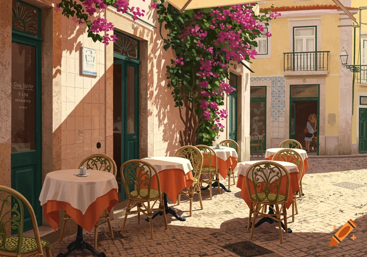 A sunny cafe terrace in a European city street, adorned with vibrant pink bougainvillea. Digital painting.
