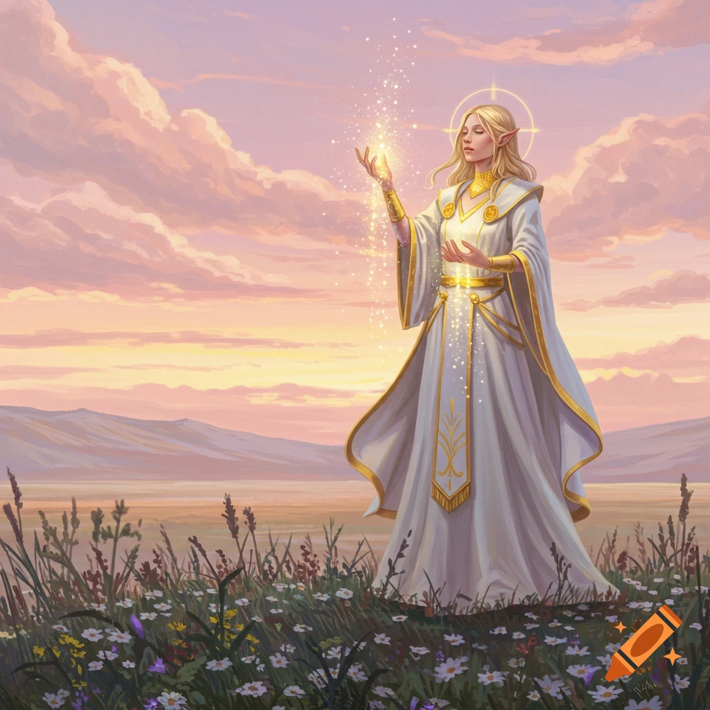 An ethereal elf-like woman in a white robe, with a golden halo, stands in a flowery meadow at sunset, creating sparkling magic.
