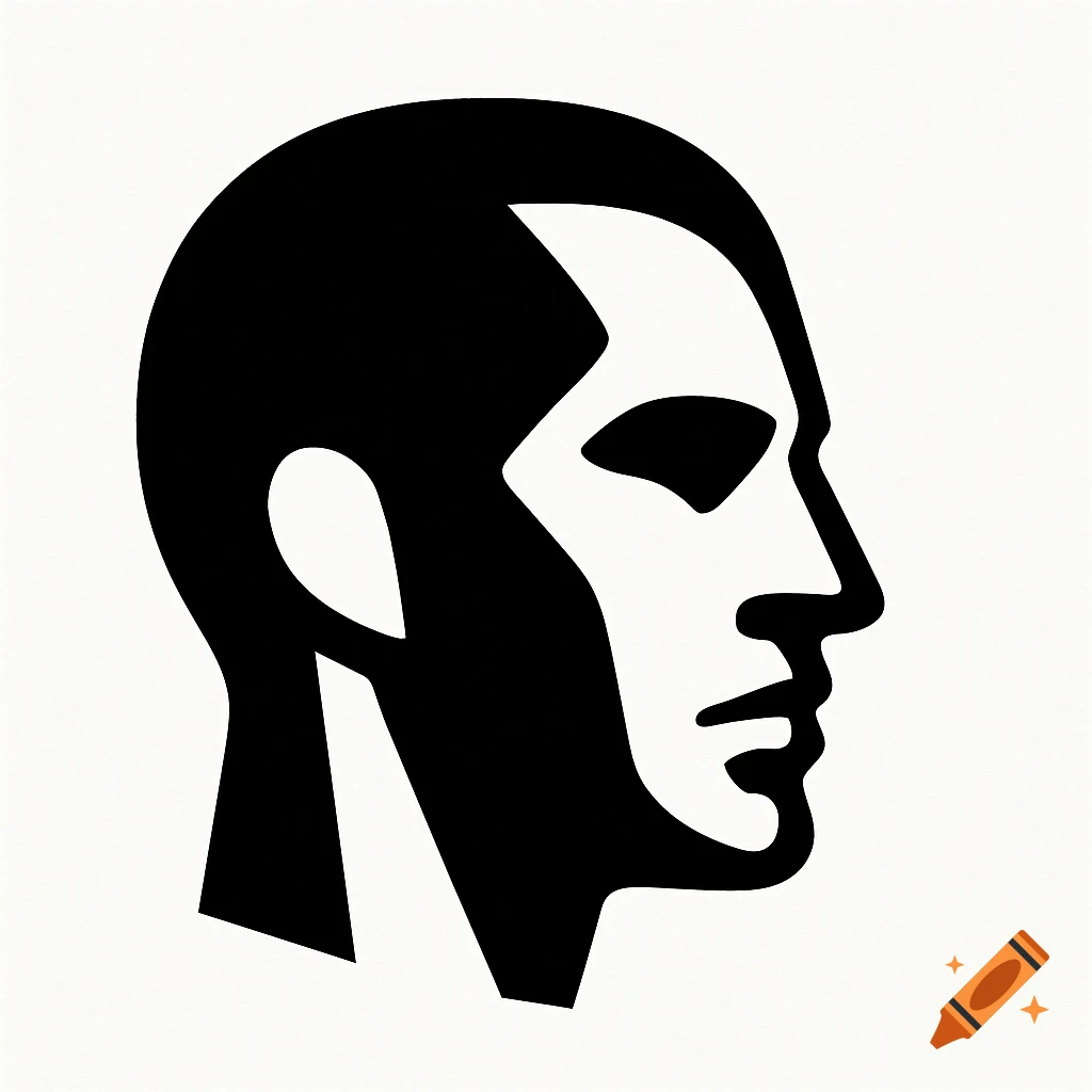 Black and white abstract logo of a human head in side profile, Saul Bass inspired.