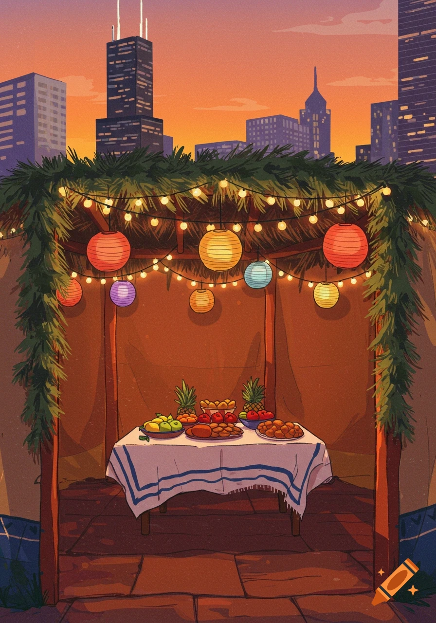 An illustration of a sukkah decorated with lanterns and lights, filled with a table of food, set against a city skyline at sunset.