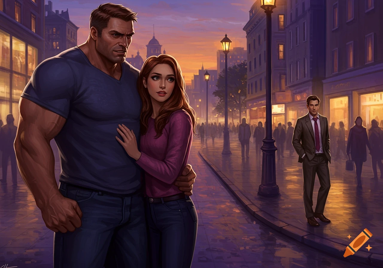 Digital painting of a muscular man with his arm around a woman, who looks at another man in a suit on a city street at dusk.