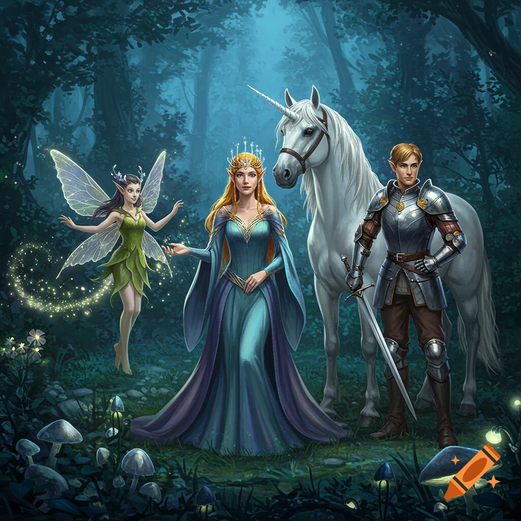 A fairy, queen, knight, and unicorn stand in a magical, dark forest, depicted as a digital painting.