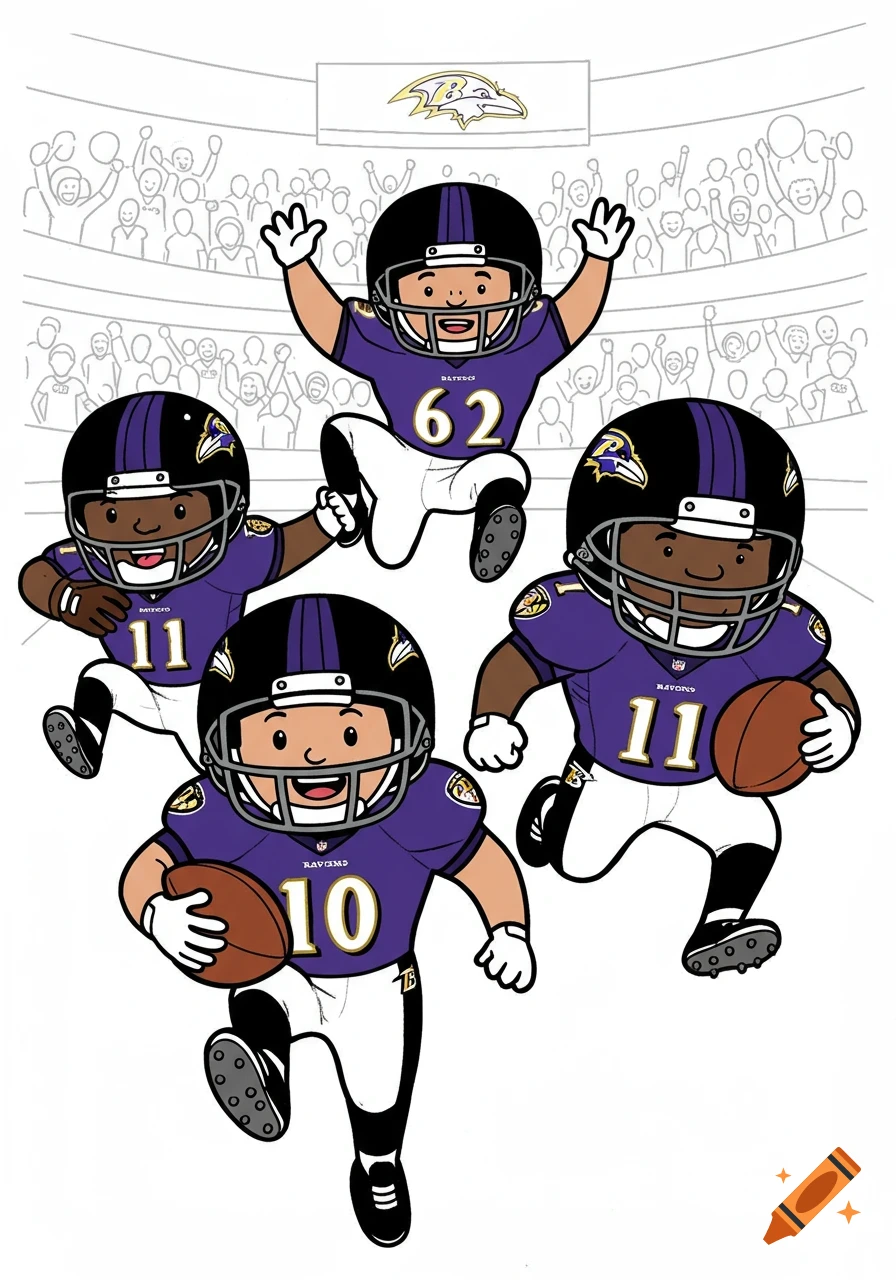 Four cartoon Baltimore Ravens football players in purple and black uniforms, holding footballs, against a line art background of cheering fans. It's styled as a coloring page.