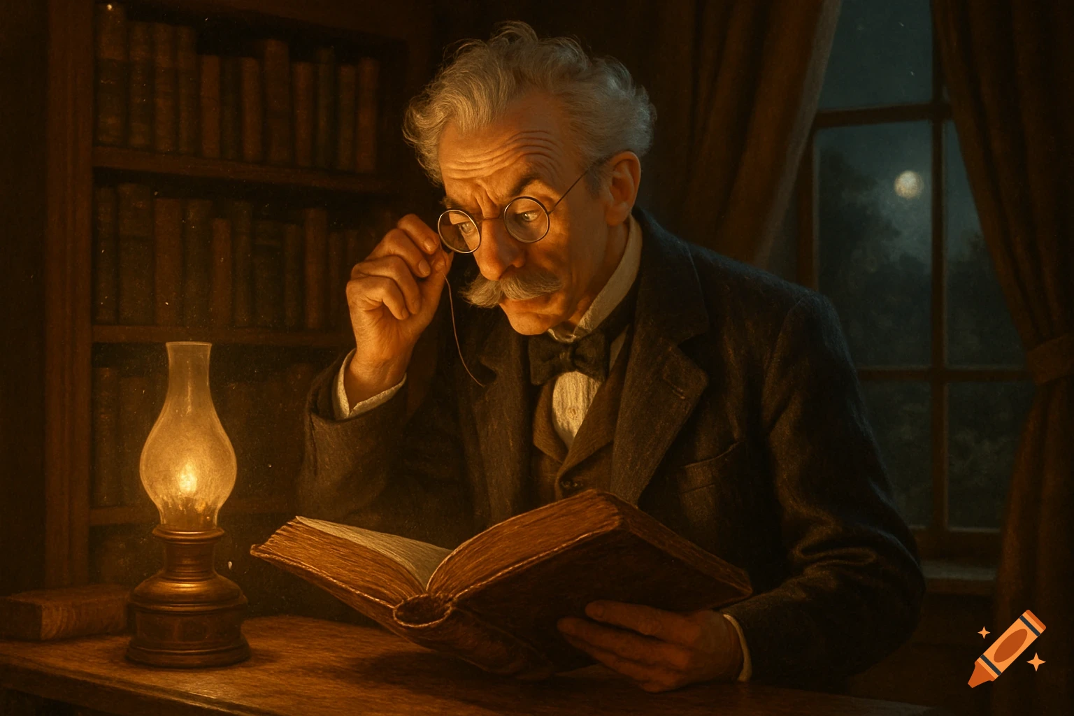 An old man with a mustache and monocle reads a large book by lamplight in a dimly lit library.