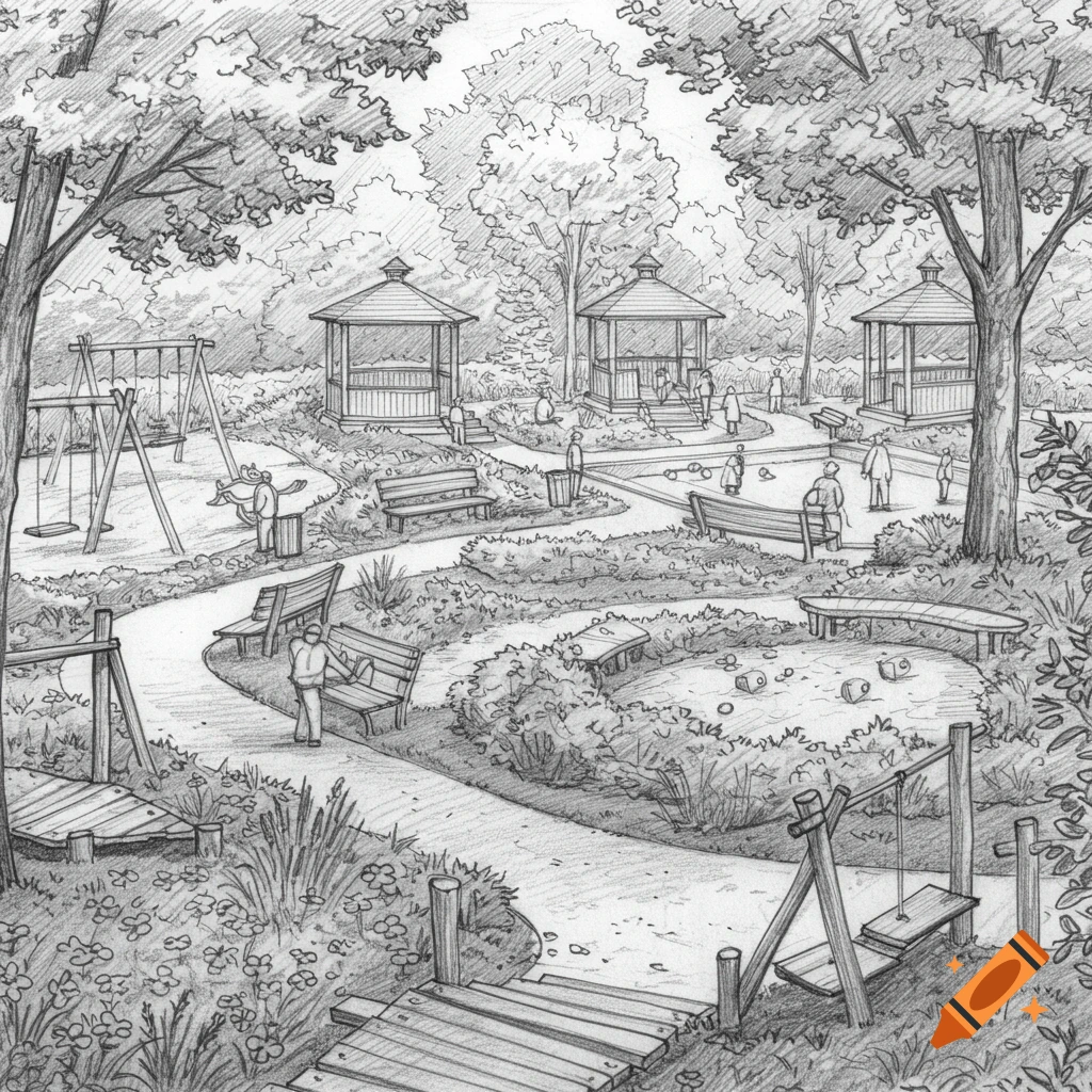 Detailed pencil drawing of a bustling park with children playing on swings, adults playing boules, and people relaxing in gazebos.