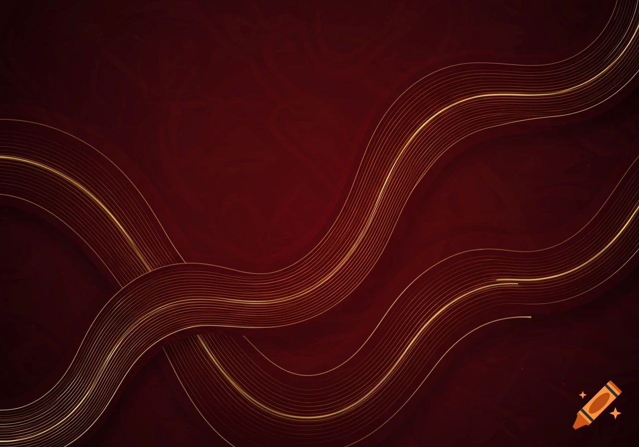 Abstract deep red background with elegant wavy golden lines.