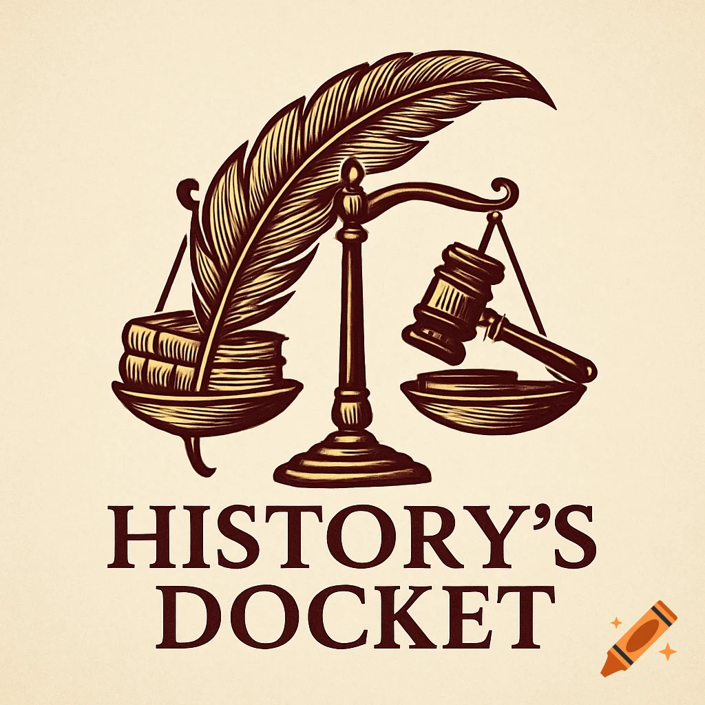 Vintage-style logo with scales of justice, books, quill, and gavel, with text 'HISTORY'S DOCKET'.