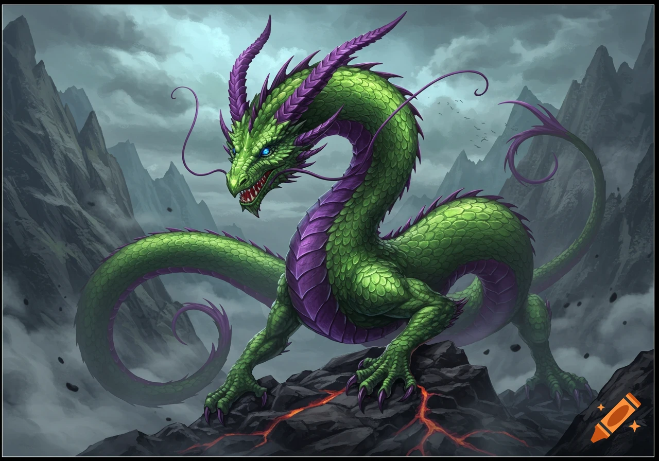 A majestic green and purple dragon with blue eyes, sharp teeth, and purple horns stands on jagged rocks with lava cracks, mountains and stormy clouds in the background.