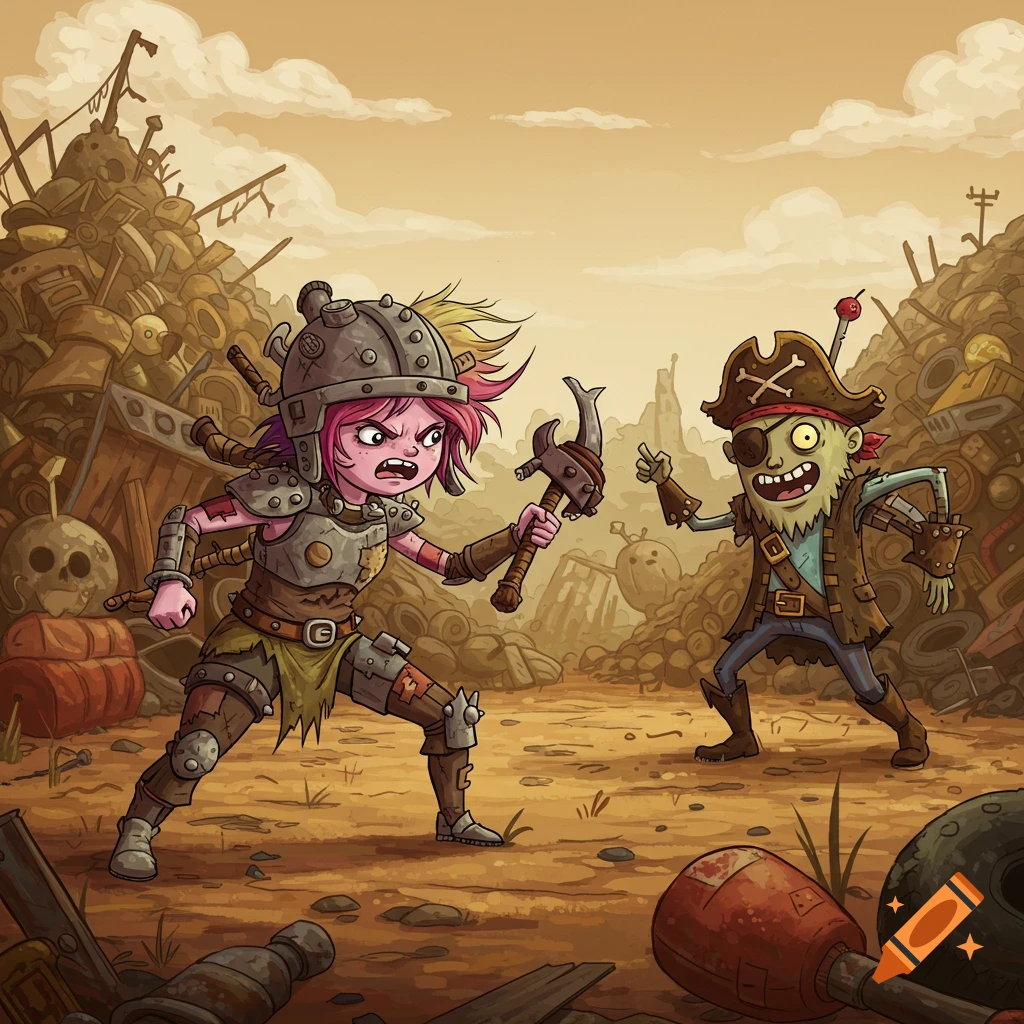 An Adventure Time style cartoon of a fierce post-apocalyptic raider girl fighting a trash pirate in a derelict junkyard.
