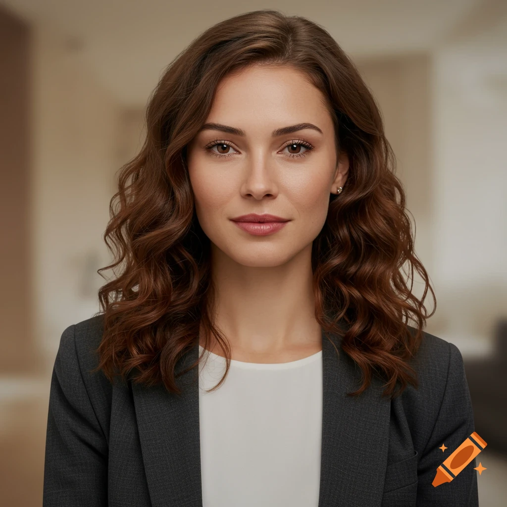 Photorealistic portrait of a young woman with brown wavy hair, wearing a white shirt and dark blazer, looking directly at the viewer.