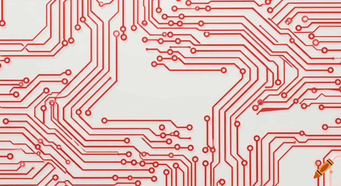 Red circuit board traces and circular connections on a white background, resembling a motherboard pattern.