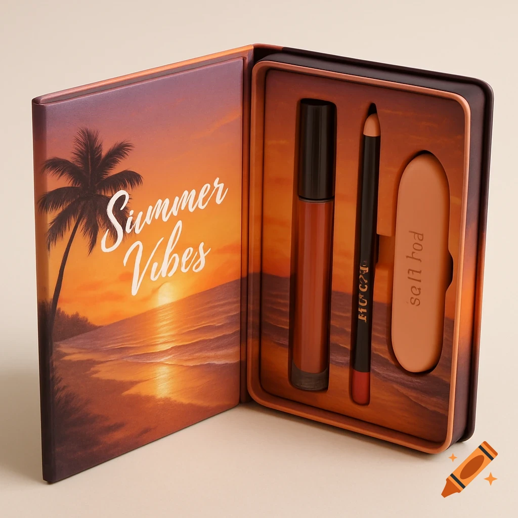 An open book-shaped lip kit featuring a sunset beach design and the text "Summer Vibes" on the cover, containing a lip gloss, lip pencil, and a tool.