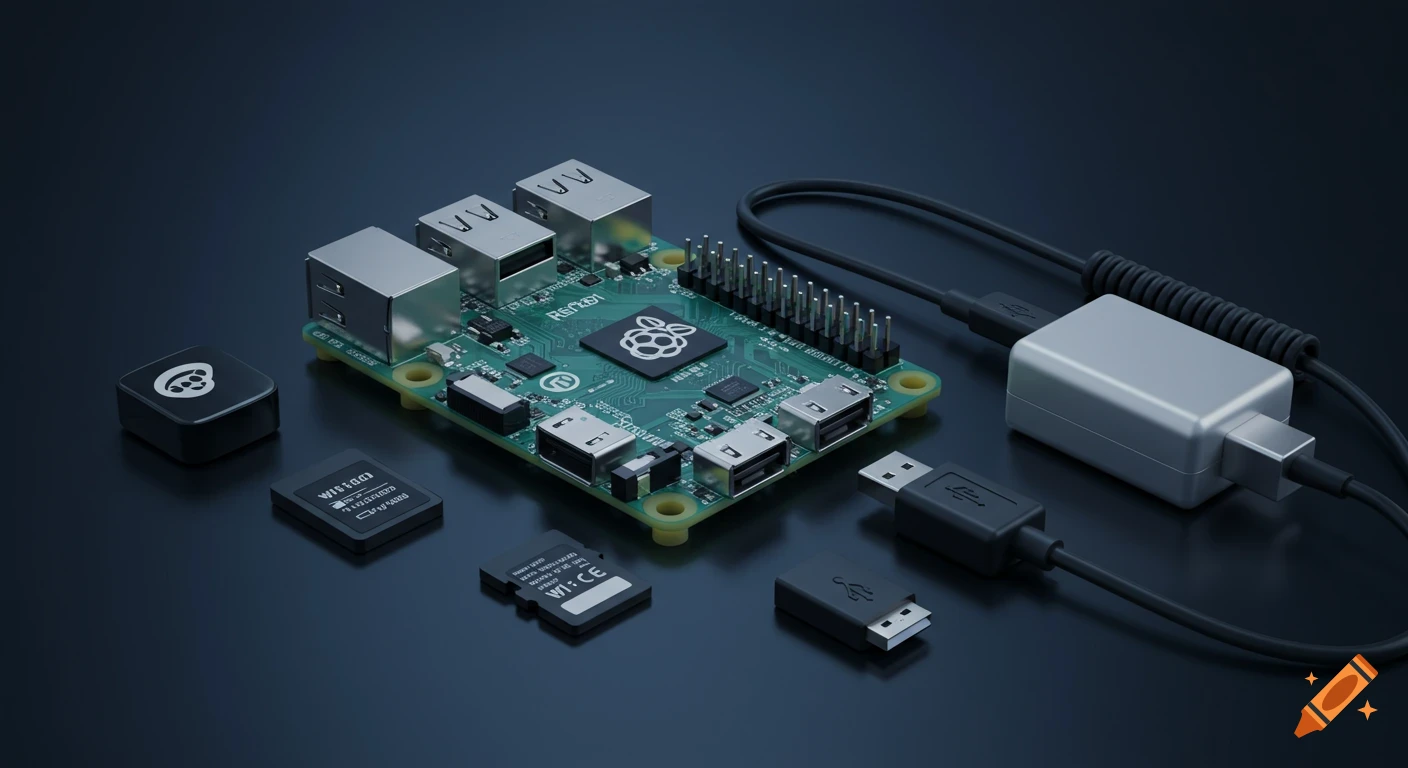 Photorealistic rendering of a Raspberry Pi, USB power supply, cable, and various components on a dark surface.