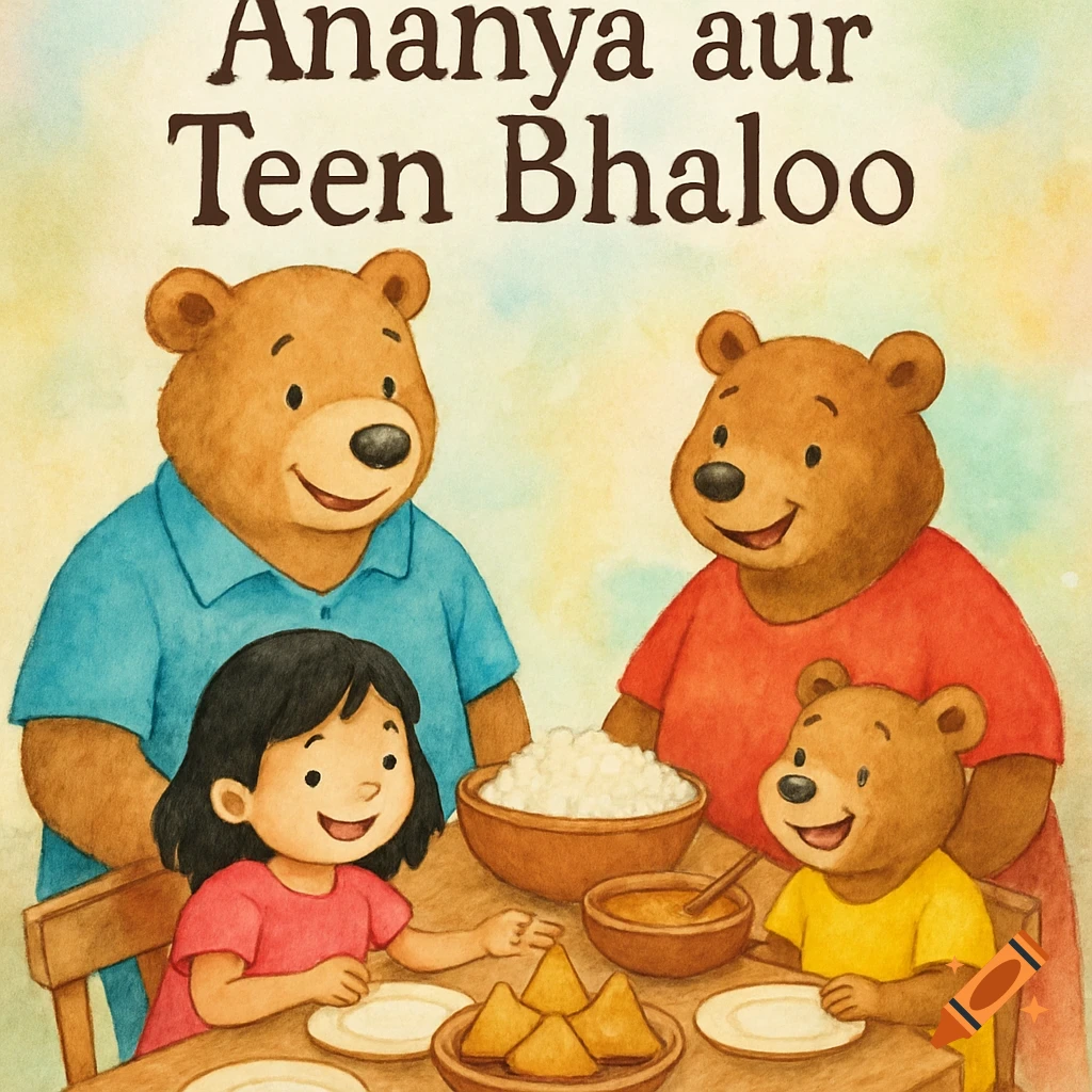 A cheerful watercolor-cartoon illustration for a children's book cover shows a girl and three smiling bears eating Indian food at a table.