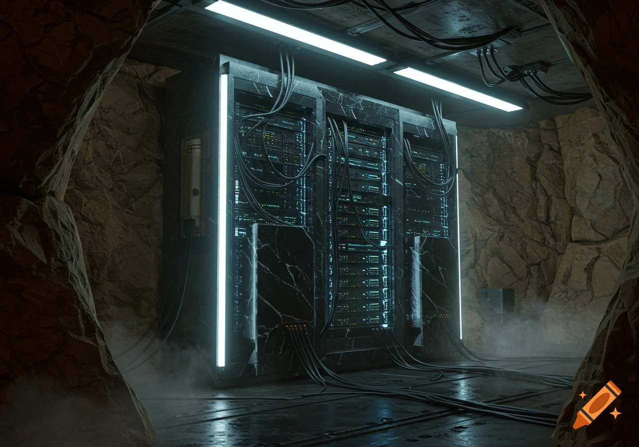 A futuristic server rack with glowing panels and wires inside a rocky underground cave, with mist on the floor.