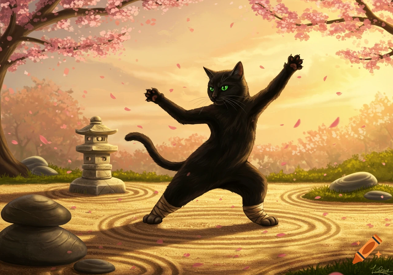 An illustrated black cat performing a martial arts pose in a Japanese zen garden with cherry blossoms.