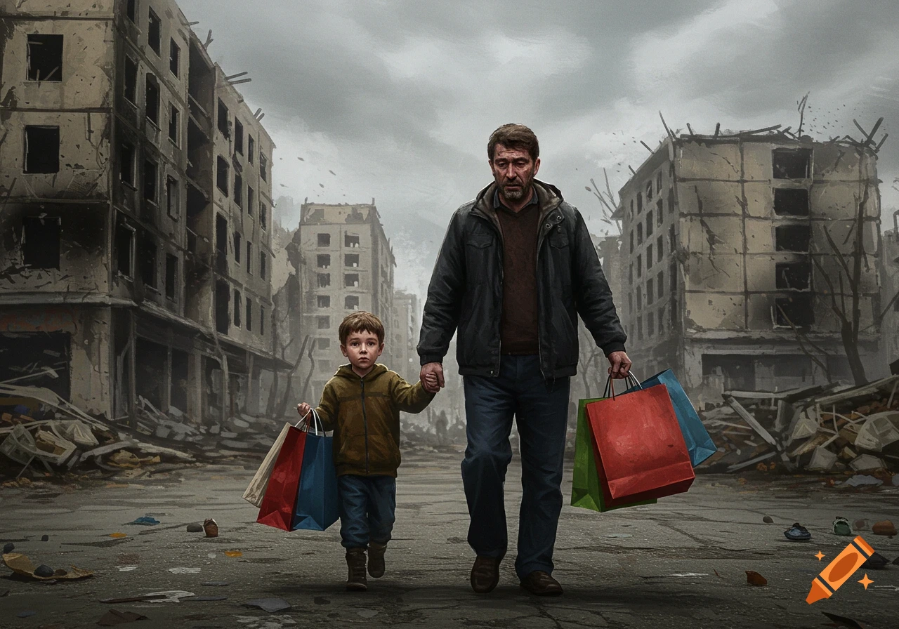 A man and a boy walk through a war-torn city with shopping bags, buildings destroyed in the background, photorealistic.