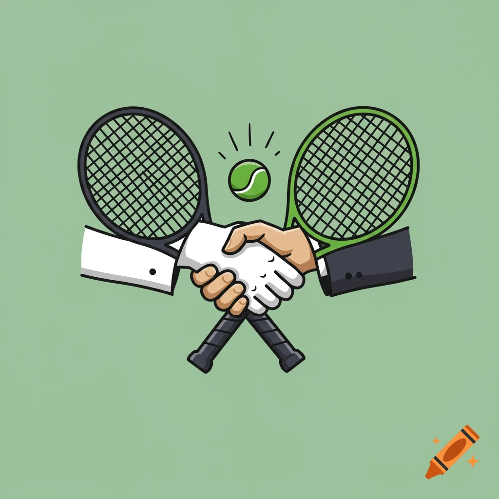 Vector illustration of two hands in a handshake, crossing over two tennis rackets, with a glowing tennis ball.
