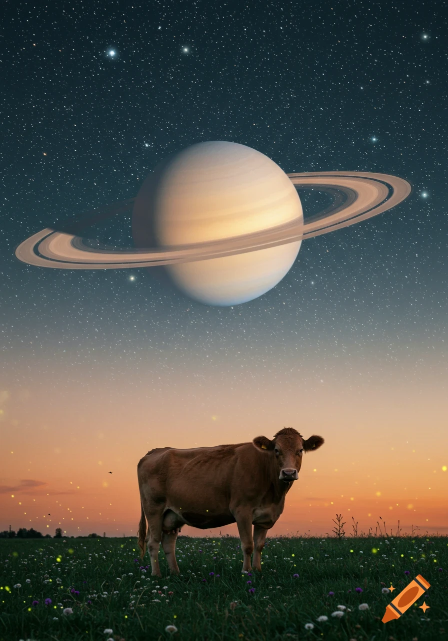 A brown cow stands in a green field with wildflowers at sunset, under a sky featuring the planet Saturn and distant stars.
